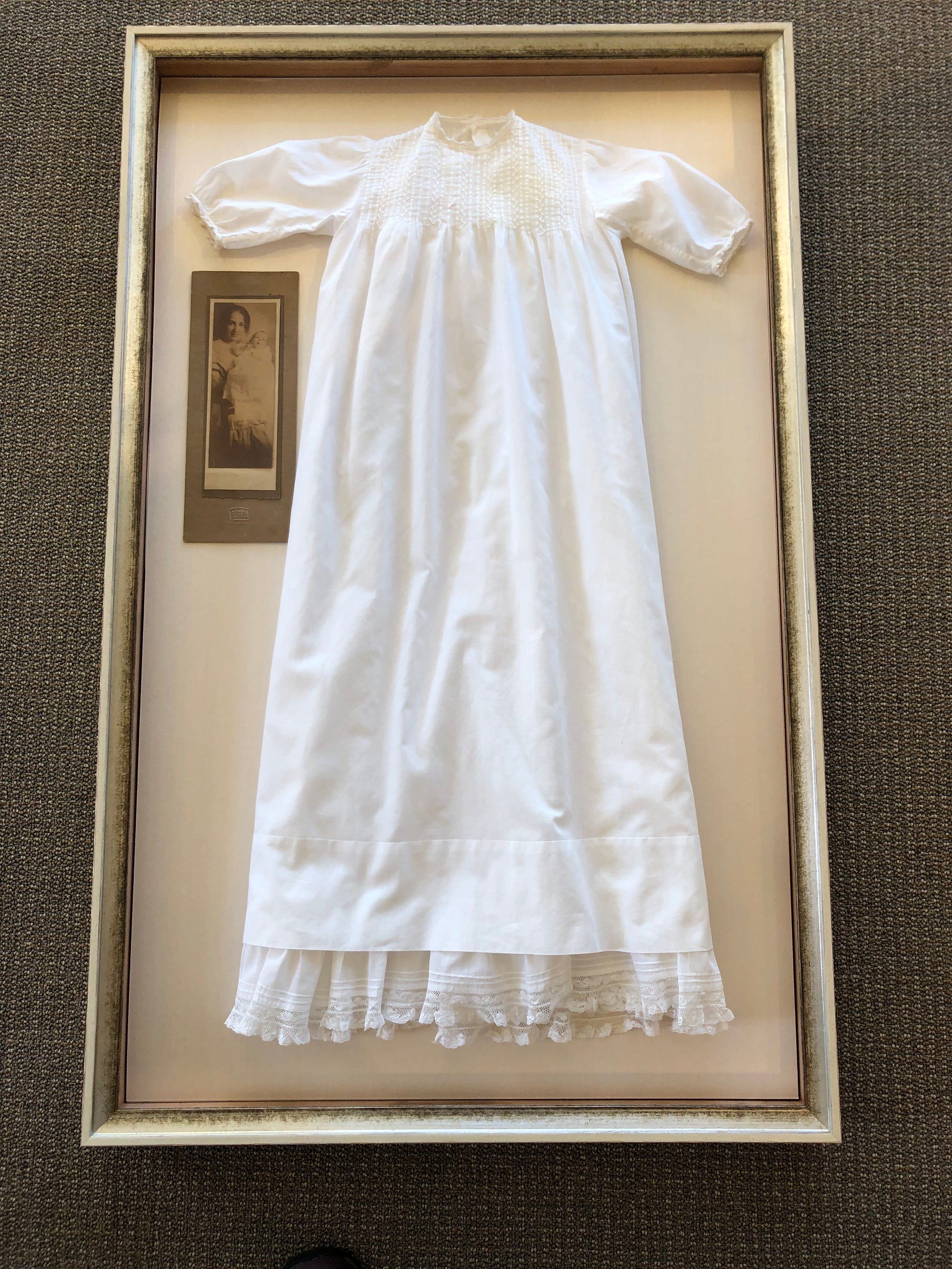 Shadow Box for christening dress and baby photograph 
